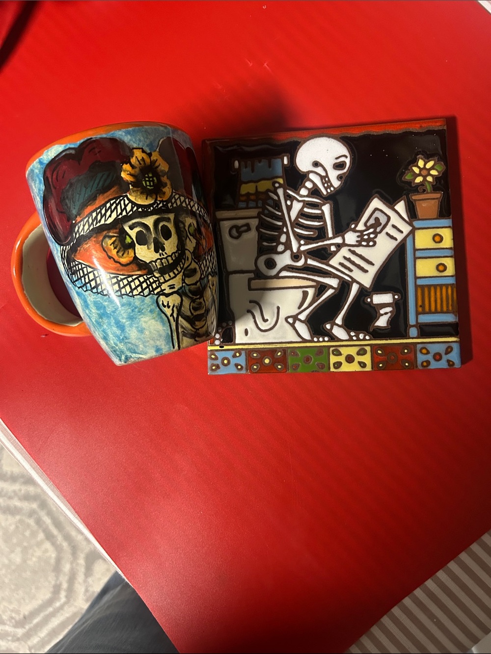 Two items Hand-Painted Day Dead Skeleton Mug & Tile Colorful Skull Artwork